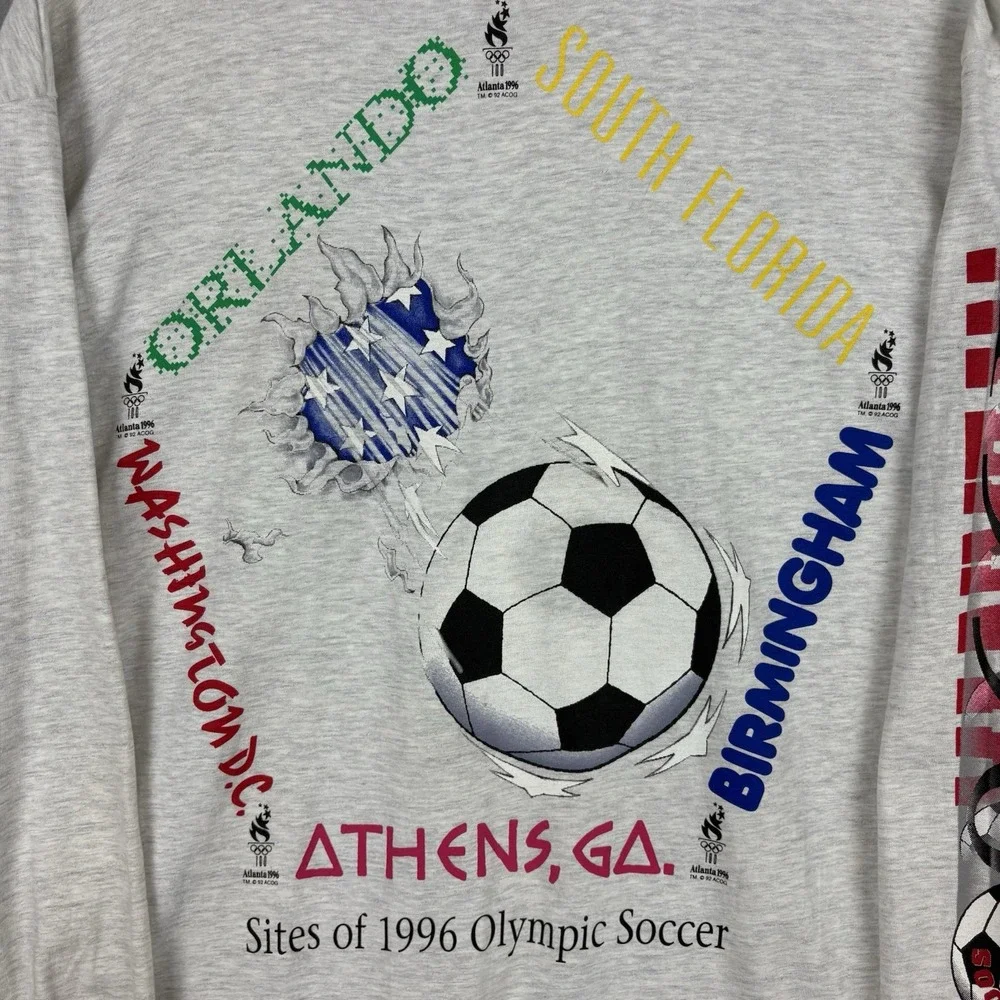 Vintage 1996 Olympics Soccer Shirt Men's XL Heather Gray Long Sleeve Hanes Beefy